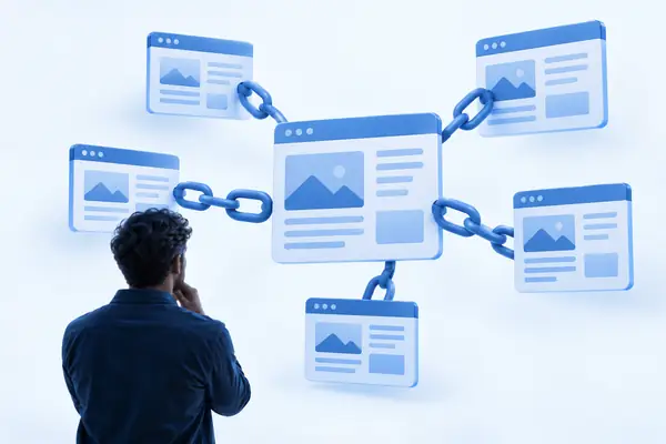 Minimalistische blaue Illustration vernetzter Webseiten, die Backlinks darstellen, auf hellem Hintergrund.