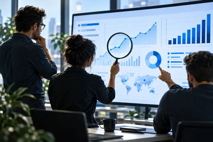 Klare redaktionelle Illustration von Menschen, die ein Dashboard zur Website-Autorität mit blauen Diagrammen und einer Lupe untersuchen.