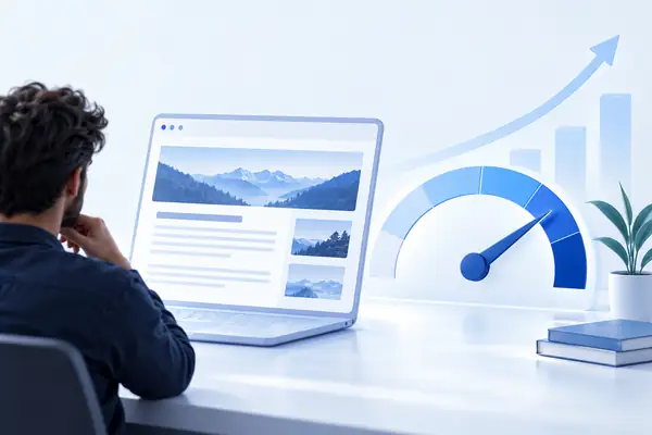 Schlichte blaue Illustration einer Website neben einer ansteigenden Autoritätsanzeige auf hellem Hintergrund.