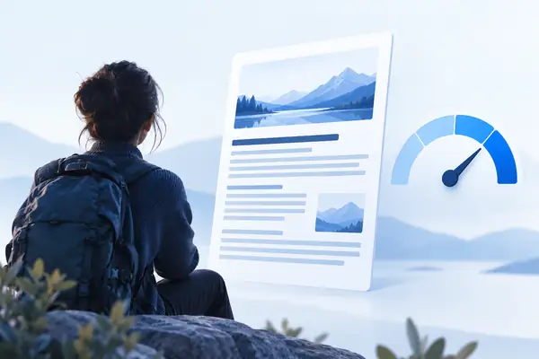 Minimalistische blaue Illustration einer einzelnen Webseite neben einer kleinen Autoritätsanzeige auf hellem Hintergrund.